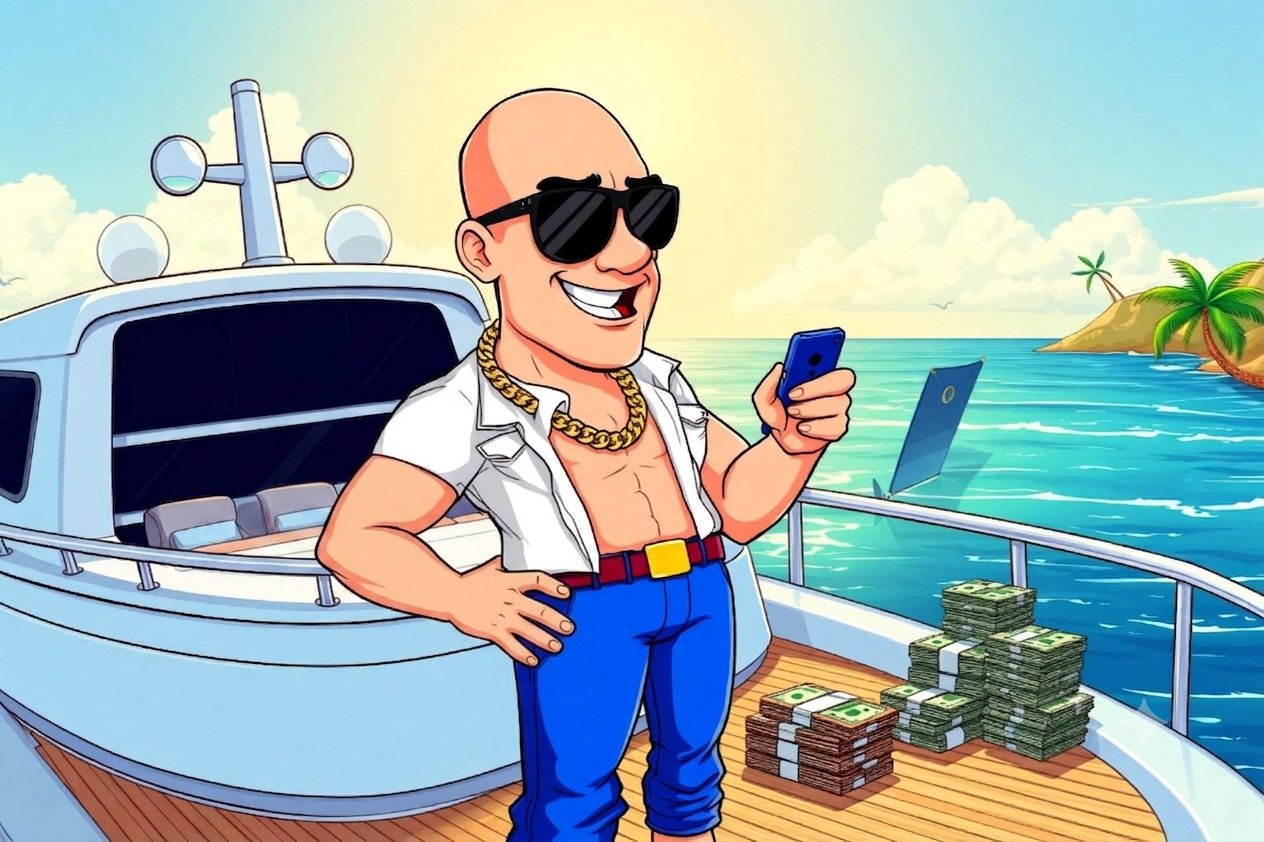 Memeployed character living the meme dream on a yacht